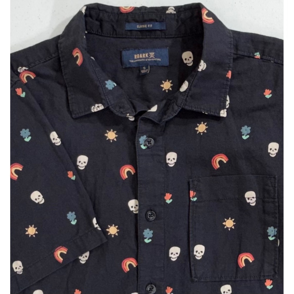 Roark Button Up Shirt Small Black Skulls Rainbows Organic Cotton Linen Classic